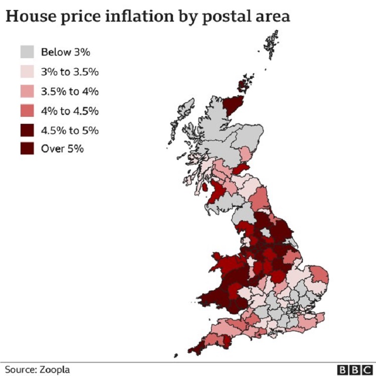 2021年英国各地区房价涨幅情况表